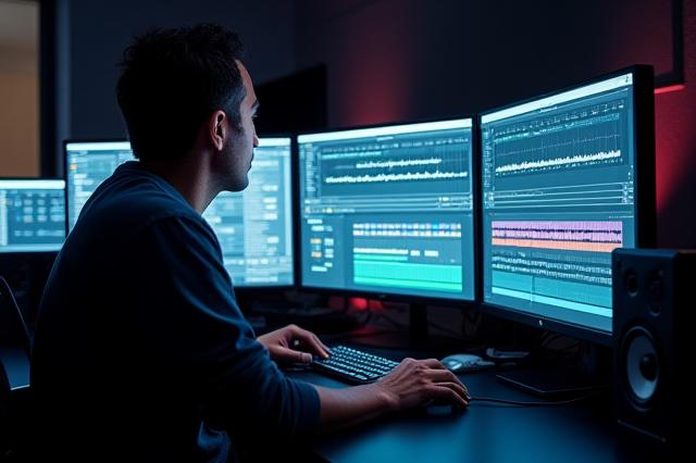 Ingénieur du son travaillant sur une console de mixage avec un écran affichant une timeline audio